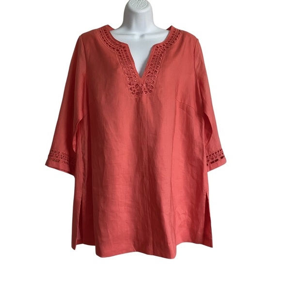 Linen 2-Pc Matching Tunic Blouse and Pants Set Orange Medium Spring Lagenlook - Picture 4 of 15